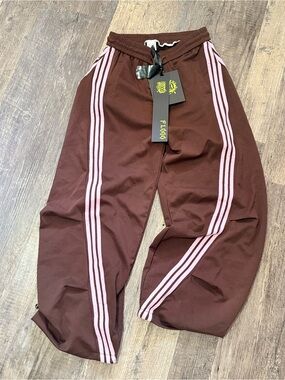 NWT FLOOO Brown Pink Stripe Wide Leg Track Pants Size L Streetwear